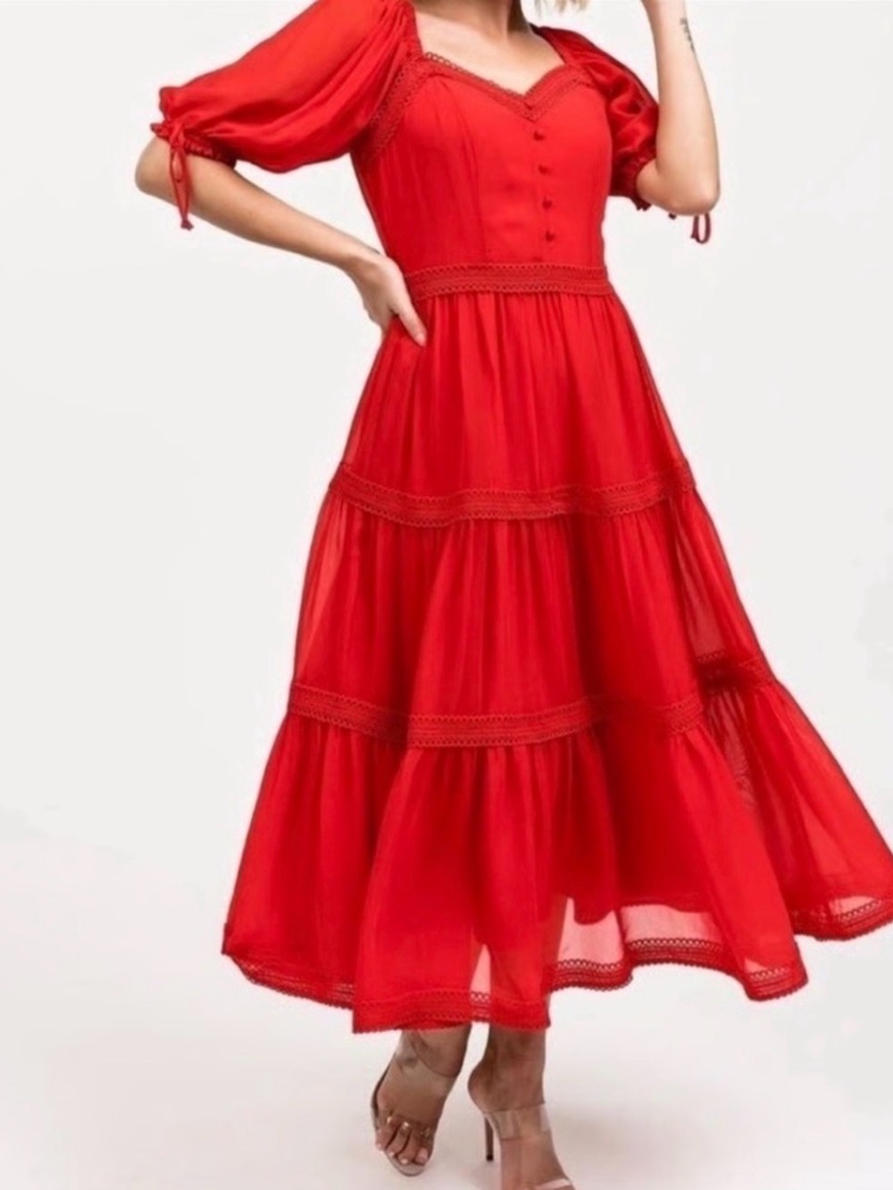 Rachel Parcell Red Puff Sleeve Tiered Midi Dress NWT Cottagecore Romantic Size M